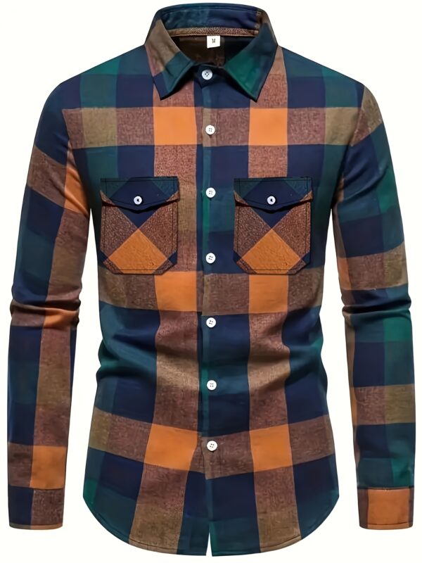 Long Sleeve, Polyester Men's Classic Plaid Flannel Shirt - Autumn Essential, Casual Button-Up Front with Pockets, Non-Stretch Fabric - Image 2