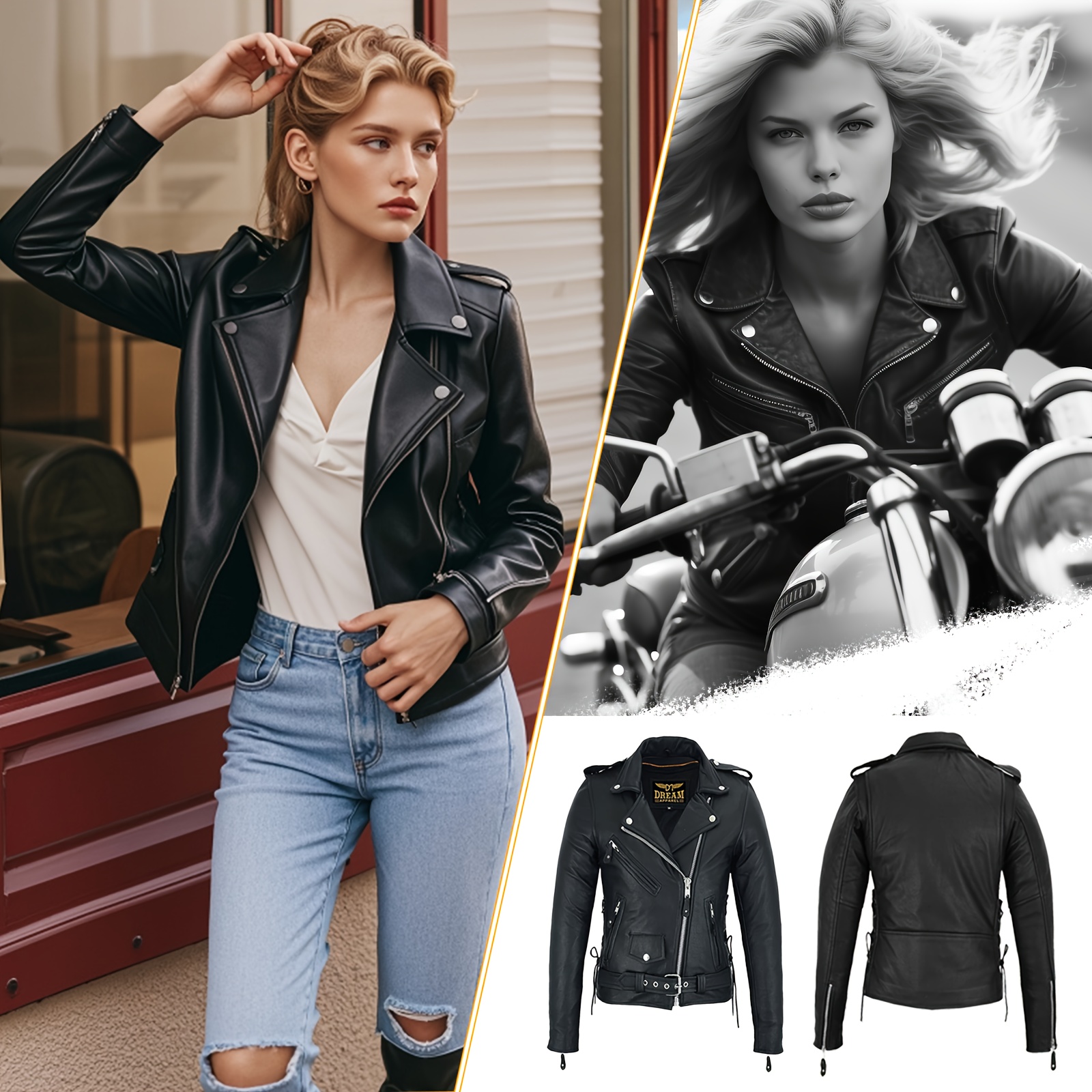 [Heavy-duty Jacket] Heavy-duty Women's Classic Motorcycle Jacket | Black Biker Jacket with Zip-Out Lining, Side Lace