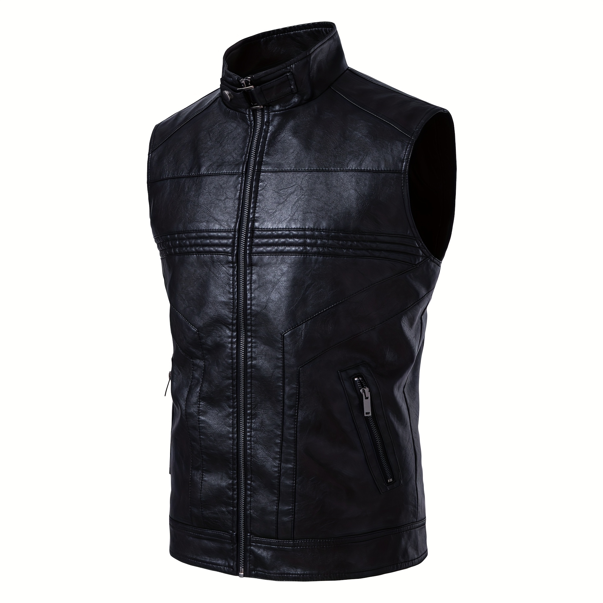 Men's PU Leather Motorcycle Vest - Slim Fit Sleeveless Jacket with Zippered Pockets, Stand Collar & Reinforced Straps, PU Leather & Polyester Blend for Biking, Casual, Daily Wear (Black)