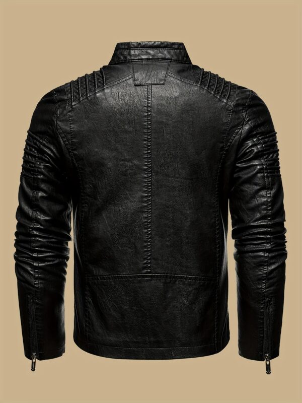 Men's Solid Color Retro PU Leather Jacket, Multi-pocket Street Stylish Classic Bomber Jacket - Image 5