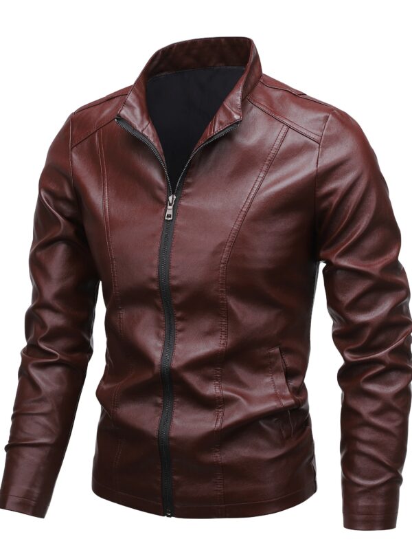 Men's Solid PU Leather Zip Up Stand Collar Motorcycle Jacket For Outdoor Wear, Spring And Fall - Image 2