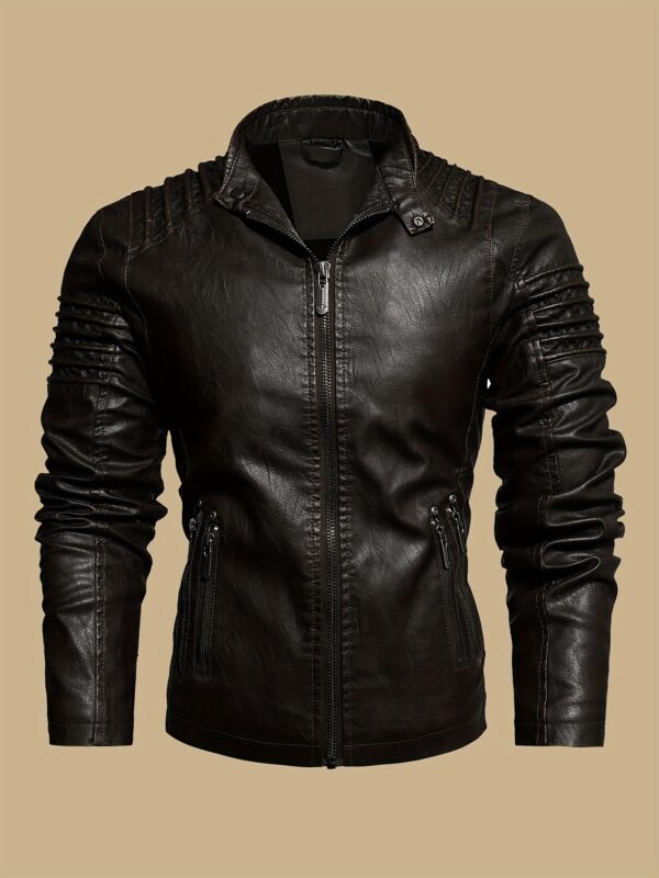 Men's Solid Color Retro PU Leather Jacket, Multi-pocket Street Stylish Classic Bomber Jacket - Image 9