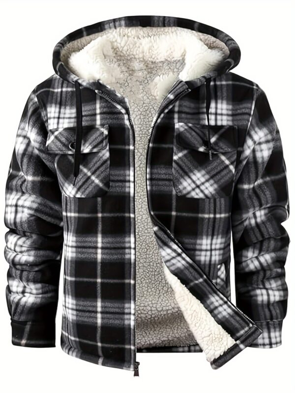 [Plaid Sherpa Hooded Jacket] Warm Plaid Hooded Jacket - Men's Durable Fleece-Lined Sherpa Coat with Full Zipper - Casual Winter Apparel with Chest Pockets and Drawstring Hood