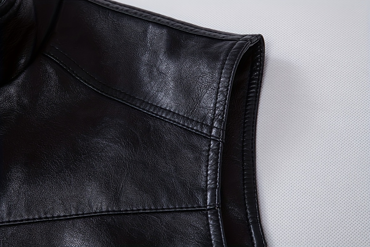 Men's PU Leather Motorcycle Vest - Slim Fit Sleeveless Jacket with Zippered Pockets, Stand Collar & Reinforced Straps, PU Leather & Polyester Blend for Biking, Casual, Daily Wear (Black)