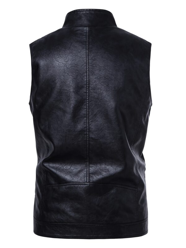 Men's PU Leather Motorcycle Vest - Slim Fit Sleeveless Jacket with Zippered Pockets, Stand Collar & Reinforced Straps, PU Leather & Polyester Blend for Biking, Casual, Daily Wear (Black) - Image 4