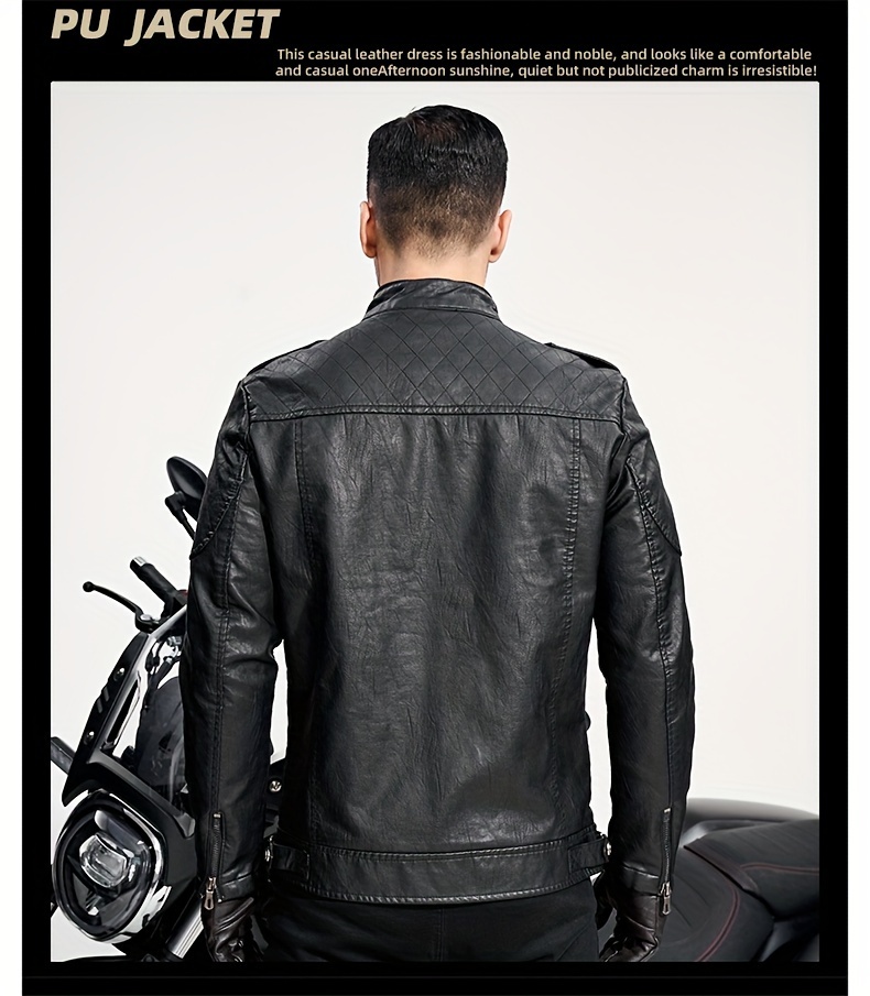Men's Solid Color Stylish PU Leather Jacket, Chest Pocket Design Street Style Retro Classic Warm Motor Jacket As Gift