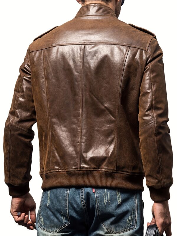 Retro Brown FLAVOR Men's Biker Jacket - Long Sleeve, Stand Collar, Zip-Up, Multiple Pockets, Casual Motorcycle Style, Men's Leather Jacket, Glossy Finish - Image 4