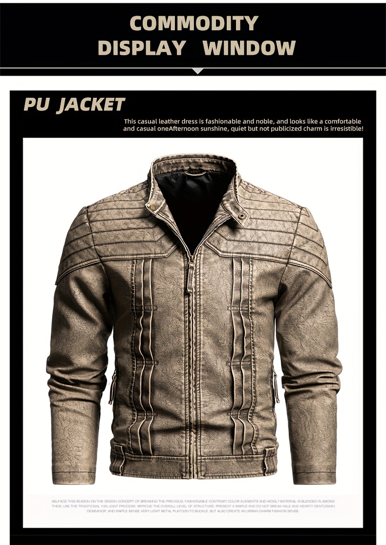 1pc Vintage Style Men'S Faux Leather Jacket - Classic Business Casual Motorcycle Biker Coat, High-Quality Fashion Outerwear with Washed Distressed Finish, Stand Collar, Long Sleeves, Zipper Closure, Non-Stretch Woven Fabric, Solid Color, Polyester Lining - Ideal for Daily & Casual Wear