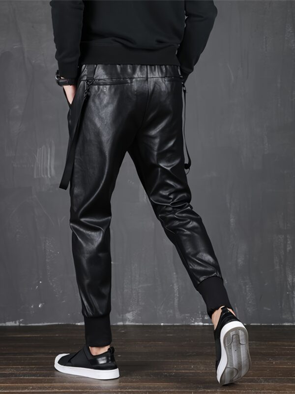 Men`s Faux Leather Joggers PU Pants Elastic Waist Hip Hop Street Style Ankle Cuffed Harem SweatPants - Image 3