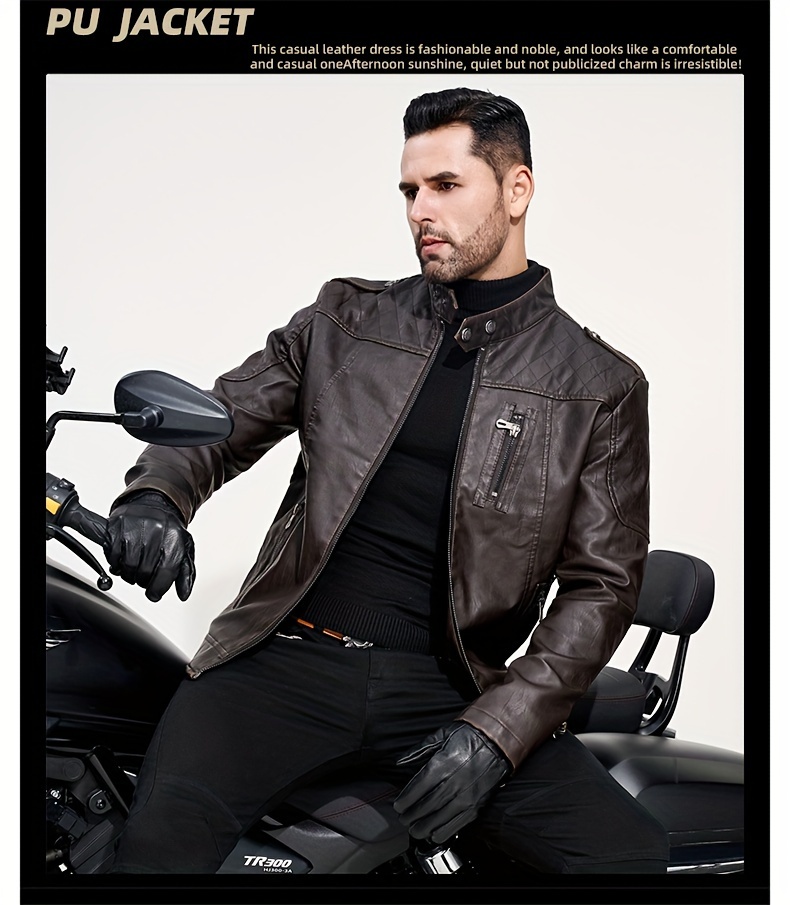 Men's Solid Color Stylish PU Leather Jacket, Chest Pocket Design Street Style Retro Classic Warm Motor Jacket As Gift
