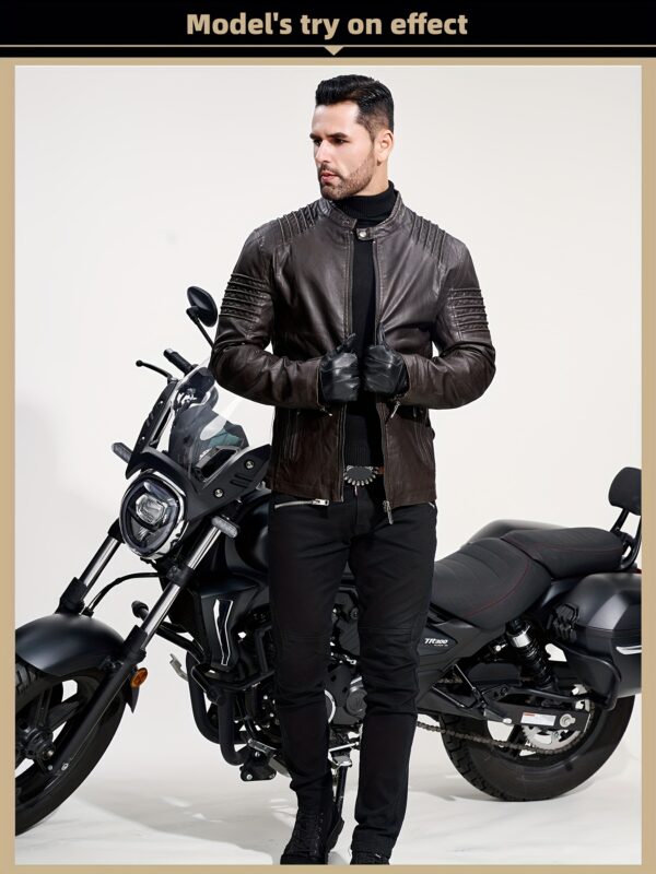 Men's Solid Color Retro PU Leather Jacket, Multi-pocket Street Stylish Classic Bomber Jacket - Image 3