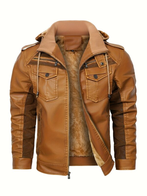 [Vintage Charm] Men's Warm Fleece-Lined PU Leather Jacket - Vintage Brown Biker Style with Zippered Hood, Plush Fur Collar & Cuffs, Long Sleeve Winter Coat for Casual Streetwear, Biker Jacket - Image 2
