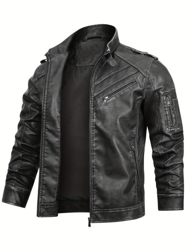 Men's Retro Red Biker Jacket - Stand Collar, Multi-Zip Pockets, Soft Shell Streetwear for Spring & Fall - Image 2