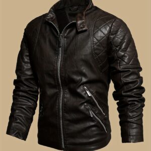 Windproof Shield] Men's Retro PU Leather Motorcycle Jacket - Windproof, Warm Fleece Lined, Adjustable Cuffs, Multiple Zippers & Pockets, Stand Collar, Black, Vintage Style for Fall/Winter Riding & Casual Wear, Motorcycle Protective Gear