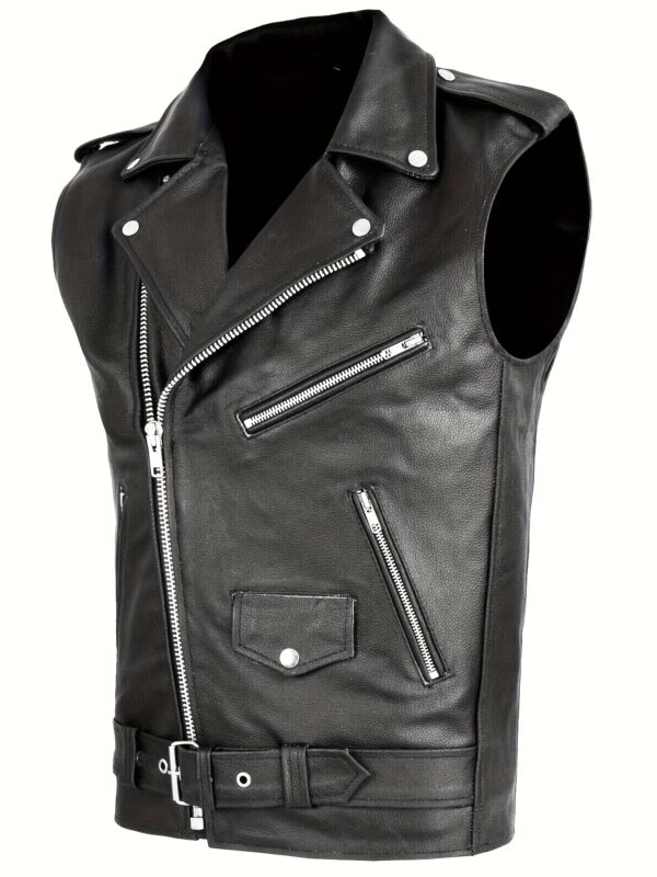 Slim-fit PU Leather Men's Sleeveless Vest Jacket with Zipper Pockets for Outdoor Activities, Street Style Lapel Zip Up