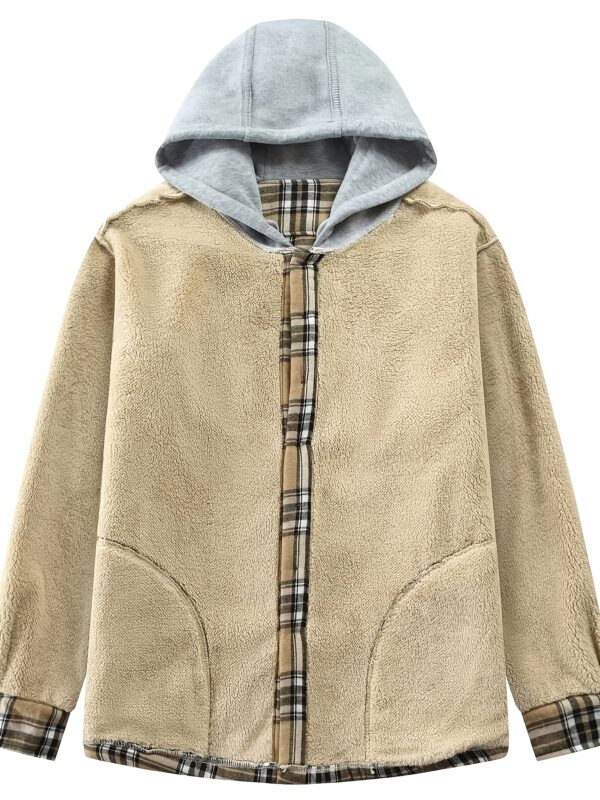 Men's Vintage Plaid Fleece-Lined Hooded Jacket - Warm Sherpa-Lined Button- Shirt with Pockets for Fall & Winter, Beige & Black Retro Style, Long Sleeve, Cotton Blend, Umbrella-Shaped Hem, Fleece Jacket - Image 9