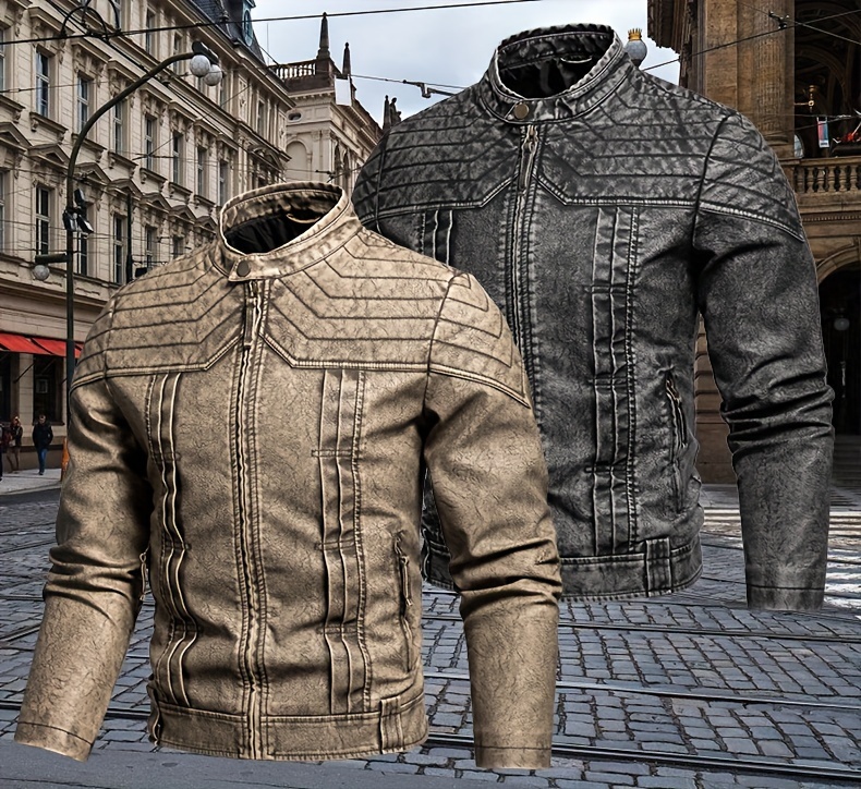 1pc Vintage Style Men'S Faux Leather Jacket - Classic Business Casual Motorcycle Biker Coat, High-Quality Fashion Outerwear with Washed Distressed Finish, Stand Collar, Long Sleeves, Zipper Closure, Non-Stretch Woven Fabric, Solid Color, Polyester Lining - Ideal for Daily & Casual Wear