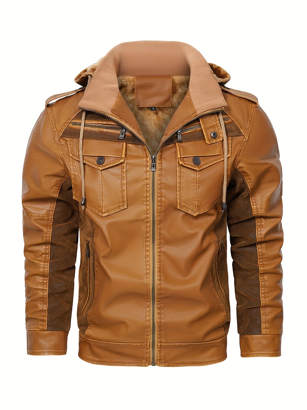 [Vintage Charm] Men's Warm Fleece-Lined PU Leather Jacket - Vintage Brown Biker Style with Zippered Hood, Plush Fur Collar & Cuffs, Long Sleeve Winter Coat for Casual Streetwear, Biker Jacket