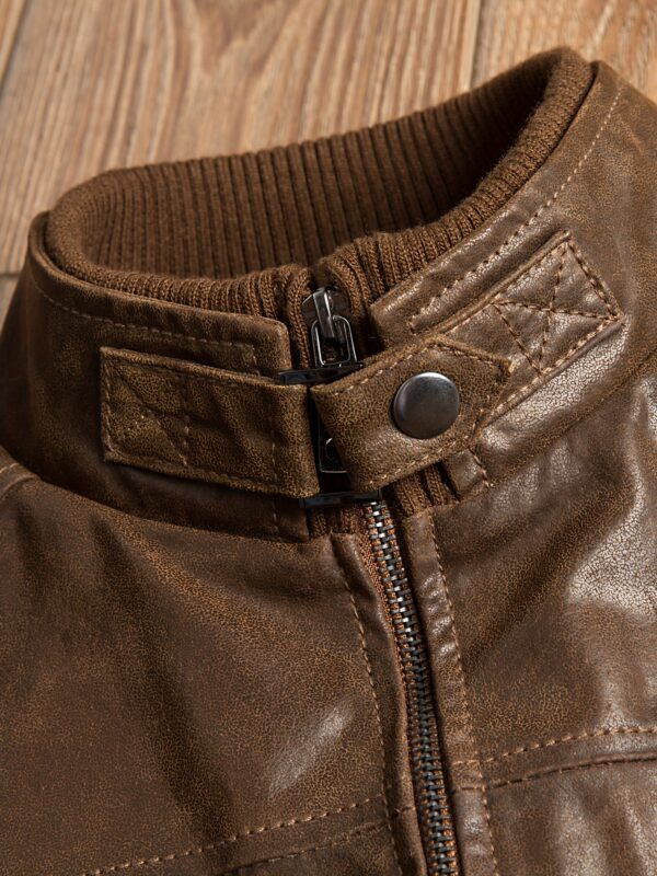 Retro Brown FLAVOR Men's Biker Jacket - Long Sleeve, Stand Collar, Zip-Up, Multiple Pockets, Casual Motorcycle Style, Men's Leather Jacket, Glossy Finish - Image 9