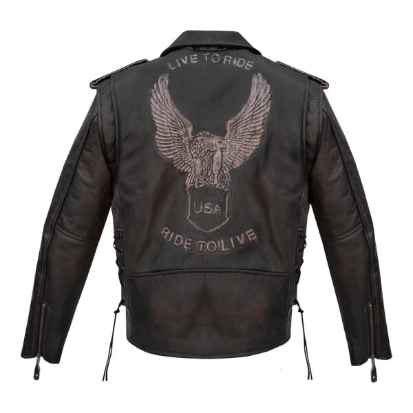 Men's Leather Motorcycle Jacket With Emboss Eagle, Live To Ride, Ride To Live - Image 2