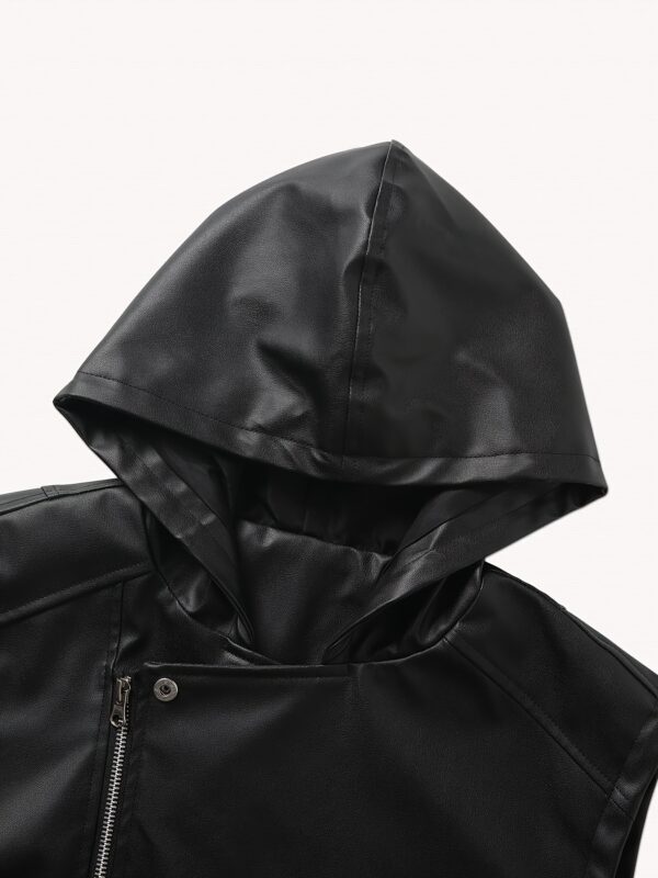 Spring summer motorcycle sleeveless leather vest coat men's fashion casual vest wearing pu hooded vest men - Image 6