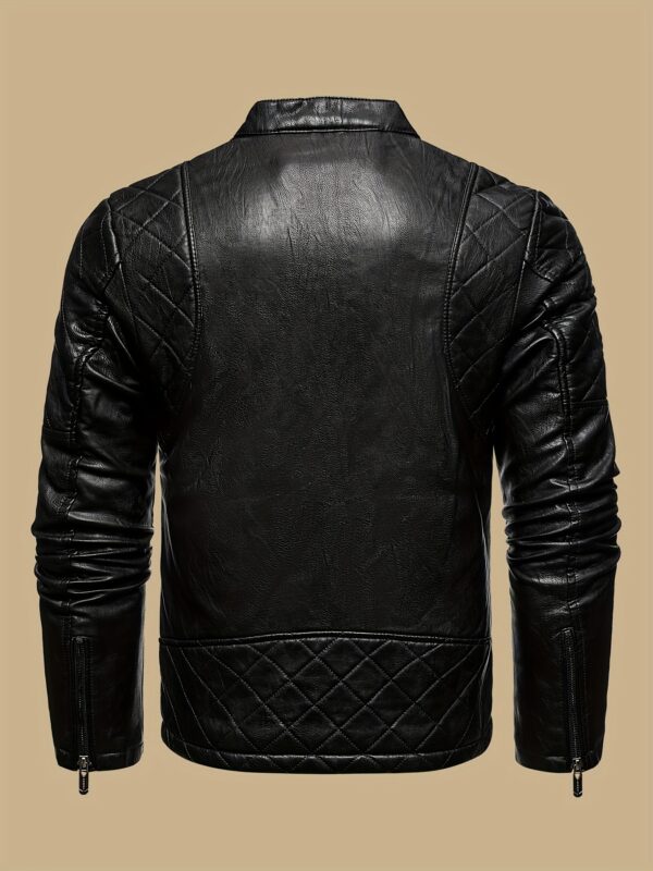 Windproof Shield] Men's Retro PU Leather Motorcycle Jacket - Windproof, Warm Fleece Lined, Adjustable Cuffs, Multiple Zippers & Pockets, Stand Collar, Black, Vintage Style for Fall/Winter Riding & Casual Wear, Motorcycle Protective Gear - Image 7