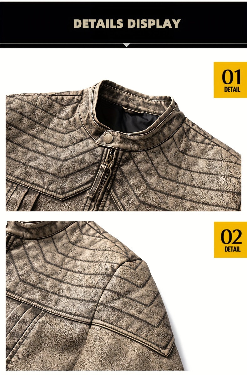 1pc Vintage Style Men'S Faux Leather Jacket - Classic Business Casual Motorcycle Biker Coat, High-Quality Fashion Outerwear with Washed Distressed Finish, Stand Collar, Long Sleeves, Zipper Closure, Non-Stretch Woven Fabric, Solid Color, Polyester Lining - Ideal for Daily & Casual Wear