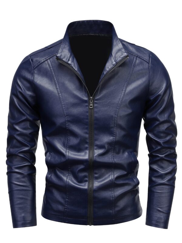 Men's Solid PU Leather Zip Up Stand Collar Motorcycle Jacket For Outdoor Wear, Spring And Fall - Image 9