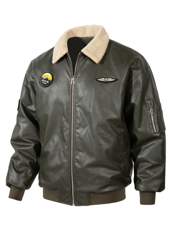 Men's Solid Color PU Leather Bomber Jacket, Casual Comfortable Fleece-Lined Lapel Long Sleeve Outerwear with Zipper Closure, Polyester Lining, and Aviation-Inspired Design for Fall/Winter Outdoor Activities, Outdoor Casual Wear | Aviationinspired Jacket | Durable Outdoor Wear - Image 4
