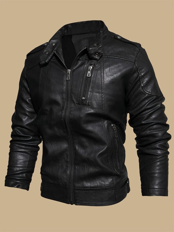 Men's Solid Color Stylish PU Leather Jacket, Chest Pocket Design Street Style Retro Classic Warm Motor Jacket As Gift - Image 8