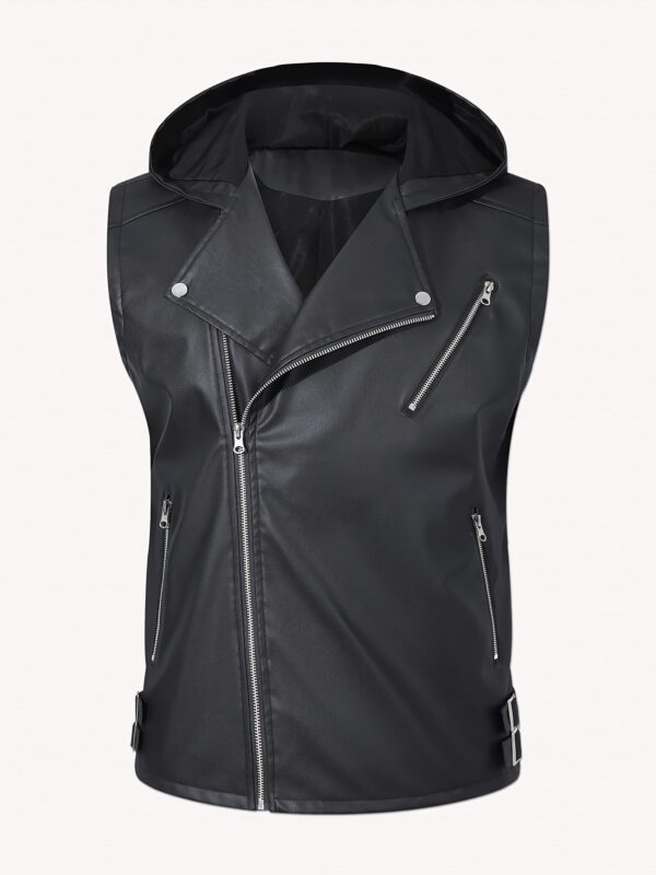 Spring summer motorcycle sleeveless leather vest coat men's fashion casual vest wearing pu hooded vest men