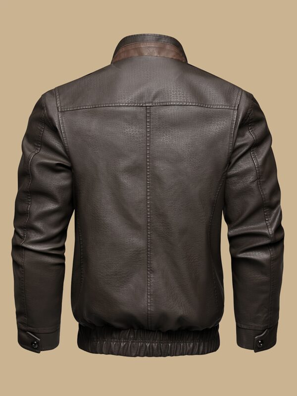 Windproof Brown Men's Vintage Biker Jacket - Detachable Inner Zipper, Dual Front Pocket, Adjustable Elastic Hem, Regular Fit, Long Sleeve, Stand Collar, Snap Closure, Casual Style, Polyester Lined, PU - Image 2