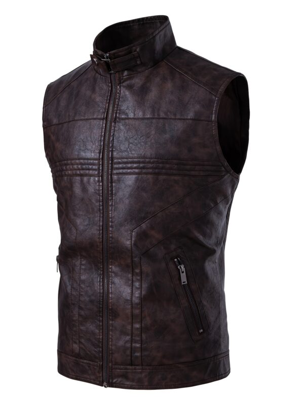 Men's PU Leather Motorcycle Vest - Slim Fit Sleeveless Jacket with Zippered Pockets, Stand Collar & Reinforced Straps, PU Leather & Polyester Blend for Biking, Casual, Daily Wear (Black) - Image 3