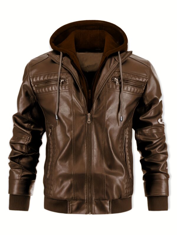 Men'S Casual Stand Collar PU Faux-Faux Leather Zip-Up Motorcycle Bomber Jacket with A Removable Hood - Image 2