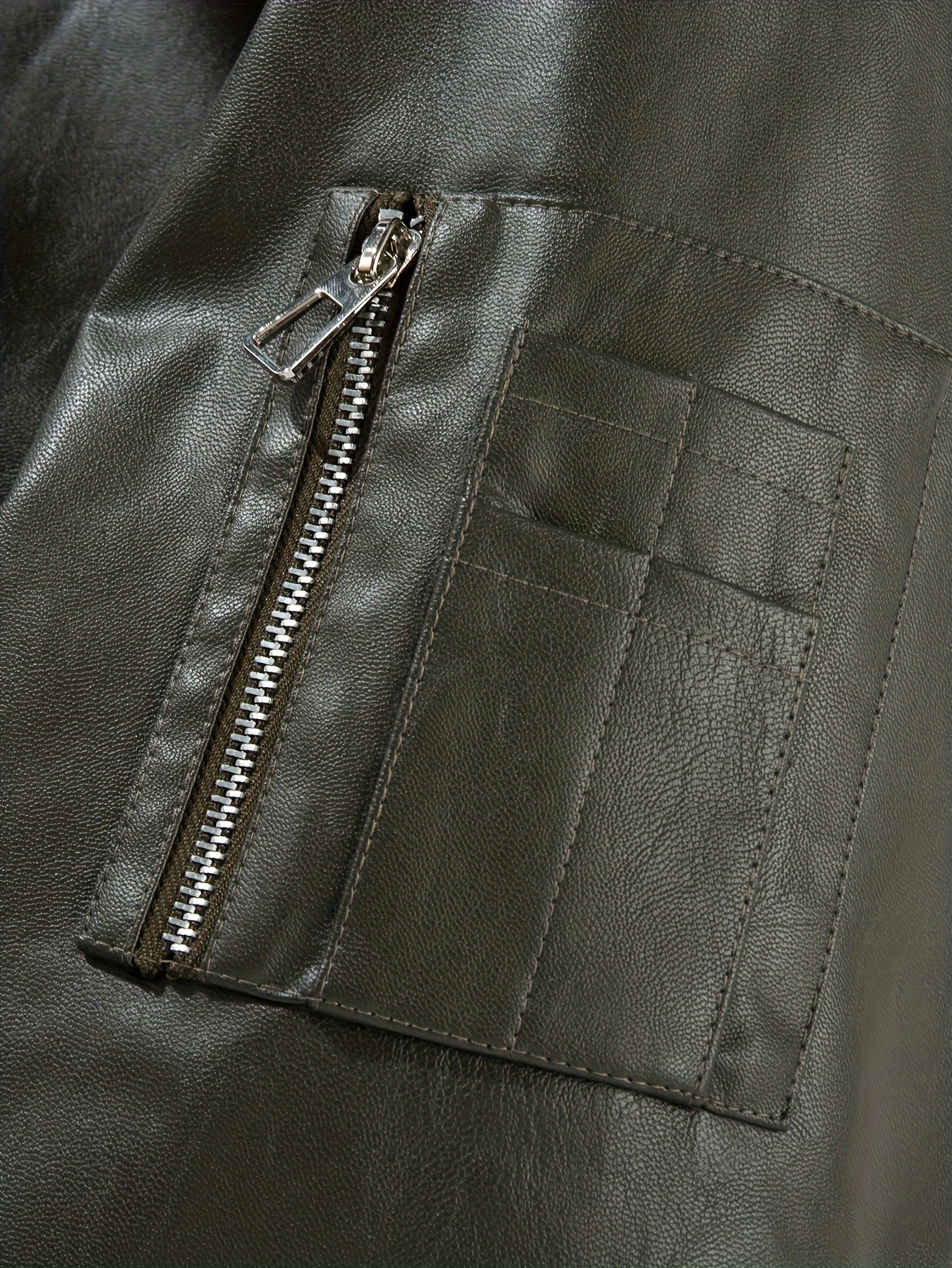Men's Solid Color PU Leather Bomber Jacket, Casual Comfortable Fleece-Lined Lapel Long Sleeve Outerwear with Zipper Closure, Polyester Lining, and Aviation-Inspired Design for Fall/Winter Outdoor Activities, Outdoor Casual Wear | Aviationinspired Jacket | Durable Outdoor Wear