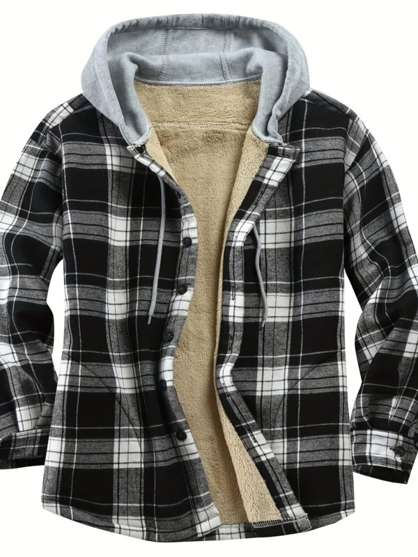 Men's Vintage Plaid Fleece-Lined Hooded Jacket - Warm Sherpa-Lined Button- Shirt with Pockets for Fall & Winter, Beige & Black Retro Style, Long Sleeve, Cotton Blend, Umbrella-Shaped Hem, Fleece Jacket