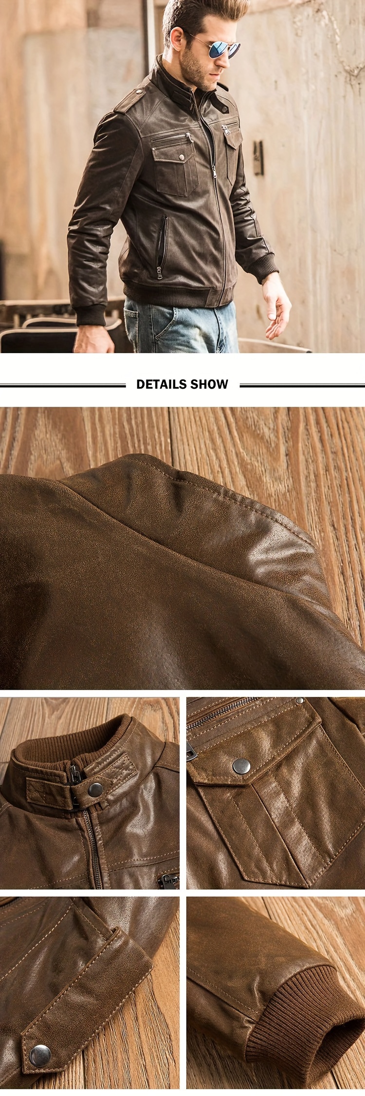 [Retro Biker Jacket] Retro Brown FLAVOR Men's Biker Jacket - Long Sleeve, Stand Collar, Zip-Up, Multiple Pockets, Casual Motorcycle Style, Men's Leather Jacket, Glossy Finish