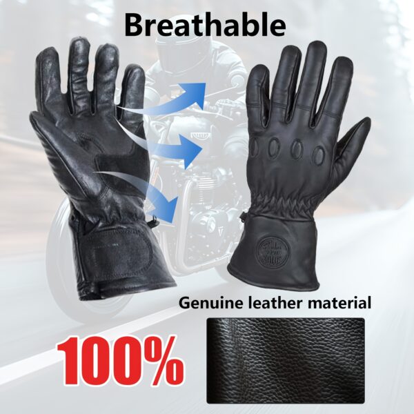 [Black Leather Motorcycle Gloves] Premium Black 1 Pair Men's Genuine Cowhide Leather Motorcycle Gloves - Warm, Comfortable Full Finger Design - Secure Wrist Closure for Road Racing, Cycling, Climbing & Power Sports - Image 6