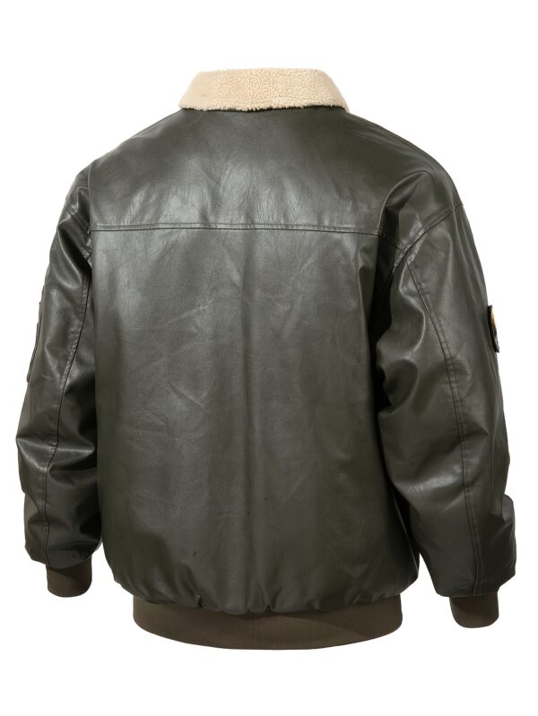 Men's Solid Color PU Leather Bomber Jacket, Casual Comfortable Fleece-Lined Lapel Long Sleeve Outerwear with Zipper Closure, Polyester Lining, and Aviation-Inspired Design for Fall/Winter Outdoor Activities, Outdoor Casual Wear | Aviationinspired Jacket | Durable Outdoor Wear - Image 7