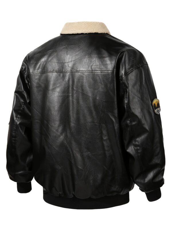 Men's Solid Color PU Leather Bomber Jacket, Casual Comfortable Fleece-Lined Lapel Long Sleeve Outerwear with Zipper Closure, Polyester Lining, and Aviation-Inspired Design for Fall/Winter Outdoor Activities, Outdoor Casual Wear | Aviationinspired Jacket | Durable Outdoor Wear - Image 9