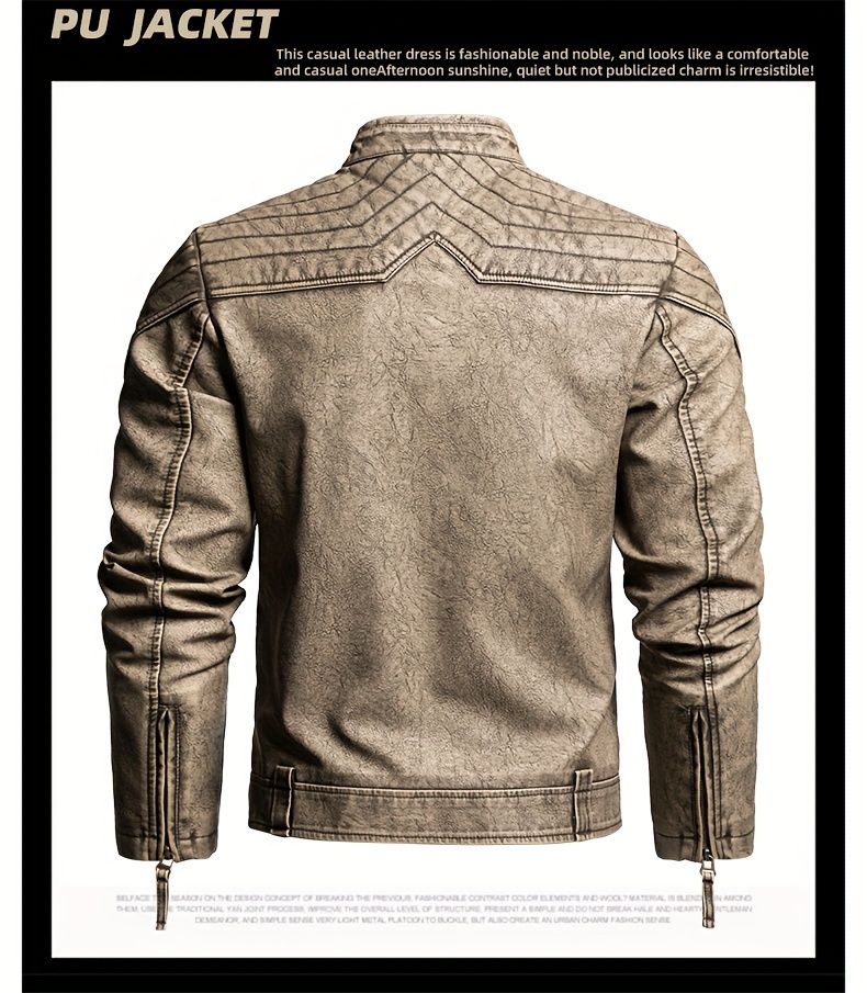 1pc Vintage Style Men'S Faux Leather Jacket - Classic Business Casual Motorcycle Biker Coat, High-Quality Fashion Outerwear with Washed Distressed Finish, Stand Collar, Long Sleeves, Zipper Closure, Non-Stretch Woven Fabric, Solid Color, Polyester Lining - Ideal for Daily & Casual Wear