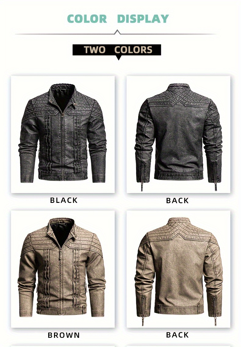 1pc Vintage Style Men'S Faux Leather Jacket - Classic Business Casual Motorcycle Biker Coat, High-Quality Fashion Outerwear with Washed Distressed Finish, Stand Collar, Long Sleeves, Zipper Closure, Non-Stretch Woven Fabric, Solid Color, Polyester Lining - Ideal for Daily & Casual Wear