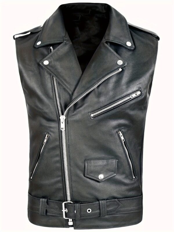 Slim-fit PU Leather Men's Sleeveless Vest Jacket with Zipper Pockets for Outdoor Activities, Street Style Lapel Zip Up - Image 2