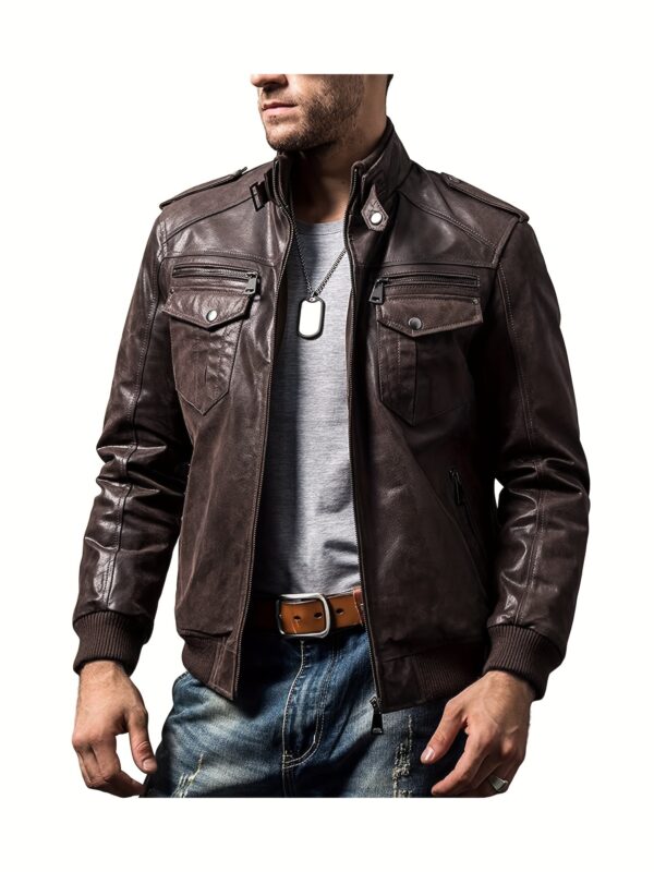 Retro Brown FLAVOR Men's Biker Jacket - Long Sleeve, Stand Collar, Zip-Up, Multiple Pockets, Casual Motorcycle Style, Men's Leather Jacket, Glossy Finish - Image 3