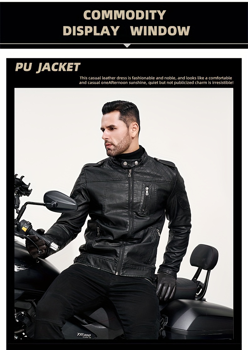 Men's Solid Color Stylish PU Leather Jacket, Chest Pocket Design Street Style Retro Classic Warm Motor Jacket As Gift