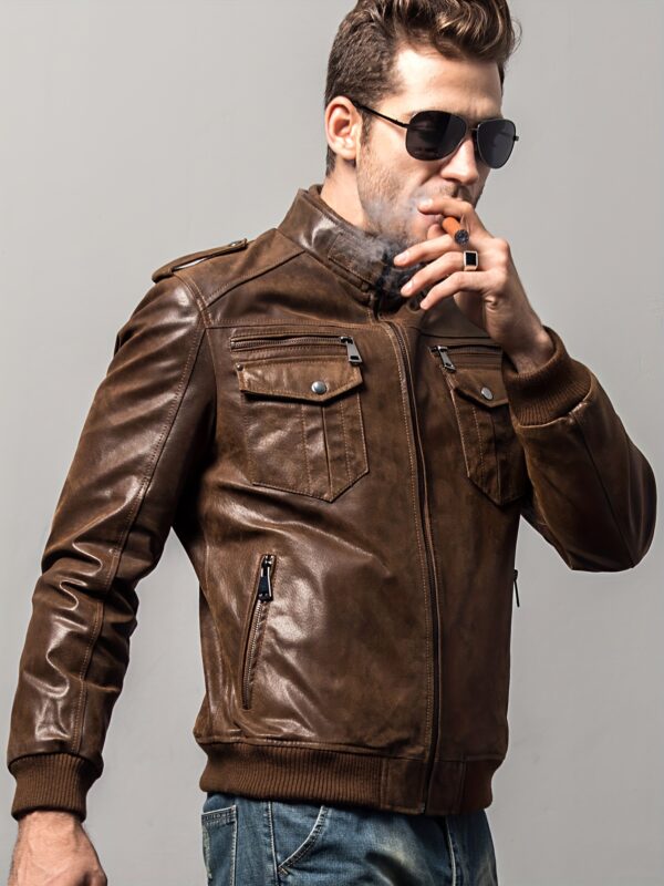 Retro Brown FLAVOR Men's Biker Jacket - Long Sleeve, Stand Collar, Zip-Up, Multiple Pockets, Casual Motorcycle Style, Men's Leather Jacket, Glossy Finish - Image 6