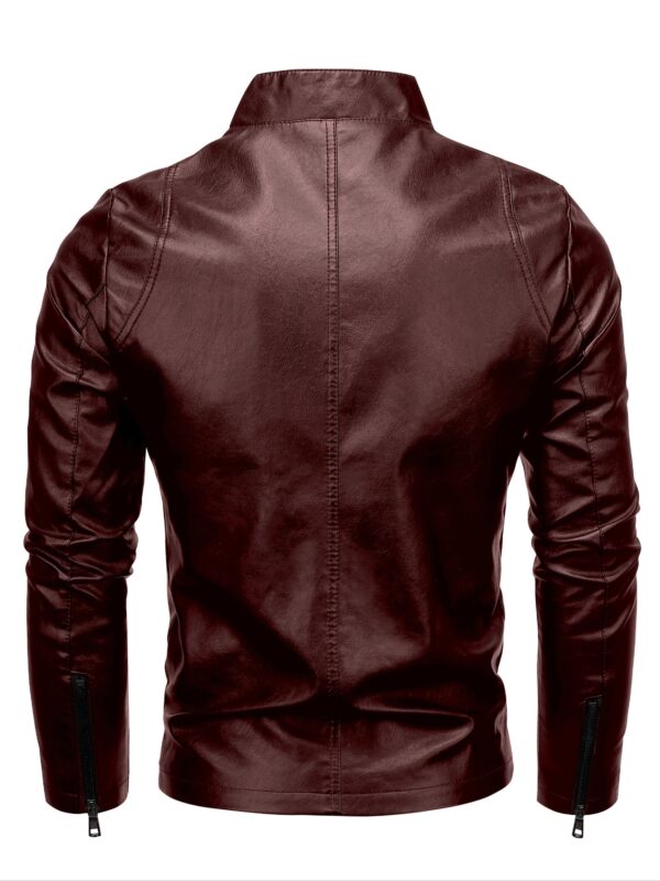 Men's Solid PU Leather Zip Up Stand Collar Motorcycle Jacket For Outdoor Wear, Spring And Fall - Image 4