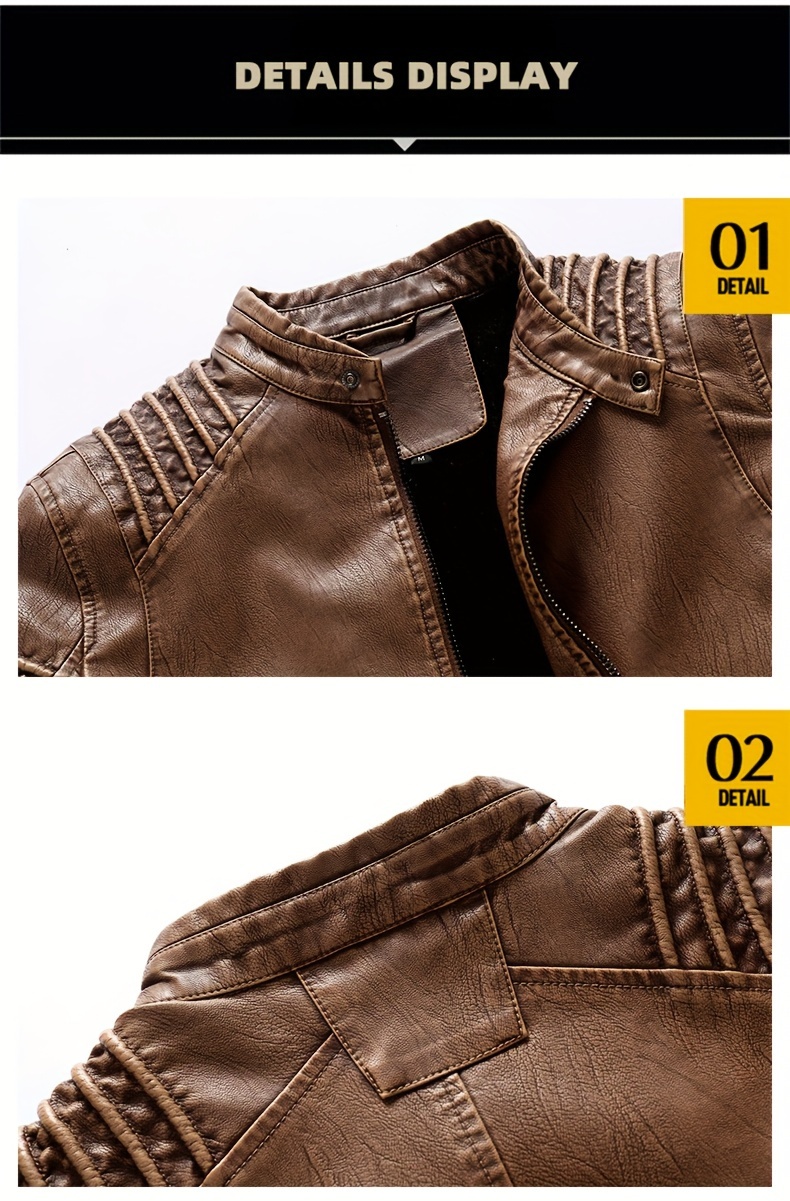 Men's Solid Color Retro PU Leather Jacket, Multi-pocket Street Stylish Classic Bomber Jacket