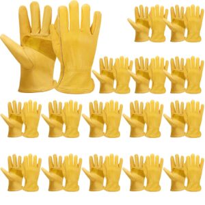16 Pairs Cowhide Leather Gloves Bulk For Men Reinforced Palm Gardening Gloves Grain Leather Gloves For Work, Puncture, Construction, Driving
