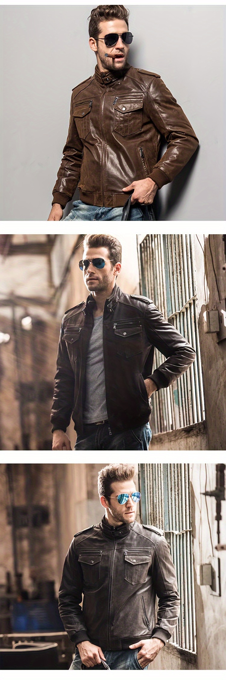 [Retro Biker Jacket] Retro Brown FLAVOR Men's Biker Jacket - Long Sleeve, Stand Collar, Zip-Up, Multiple Pockets, Casual Motorcycle Style, Men's Leather Jacket, Glossy Finish